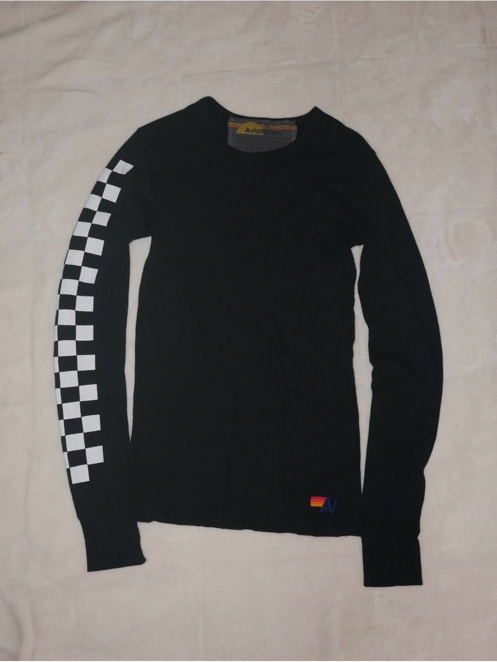 🏁🖤 Aviator Nation XS Black Thermal Long Sleeve Checkerboard Sleeve Top  ❤️🧡💛
